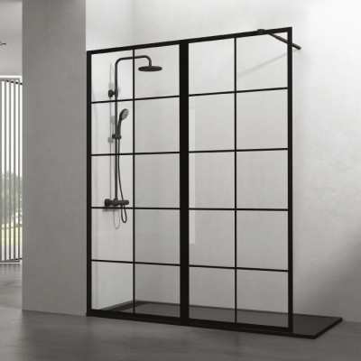Paroi de douche fixe SCREEN BLACK CHESS, verre transparent avec décor noir, de 134 à 239 cm
