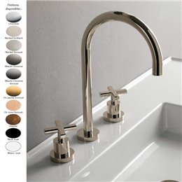 Mélangeur lavabo à poser 3 trous LINE de Treemme, bec col cygne fixe + bonde, laiton 10 finitions