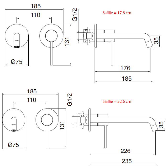 Mitigeur lavabo encastré UP+ 2 trous manette à droite, Treemme