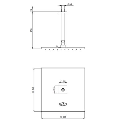 Set : Pommeau douche laiton carré 30x30 cm + bras plafond section carrée 20 cm (Treemme)