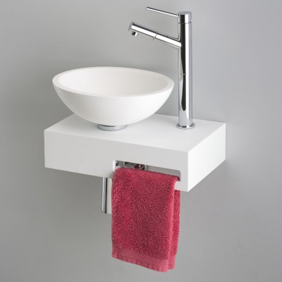 Lave-mains 40x25 cm OVAL 40, trou droite + porte-serviette, Solid Surface blanc