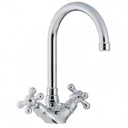 Mélangeur lavabo rétro ROMANTICA, bec col cygne haut 14 cm, poignées Romantica, laiton chromé_P1