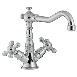 Mélangeur lavabo rétro ROMANTICA de Treemme, bec potence haut 14 cm, poignées Romantica, laiton chromé + bonde tirette